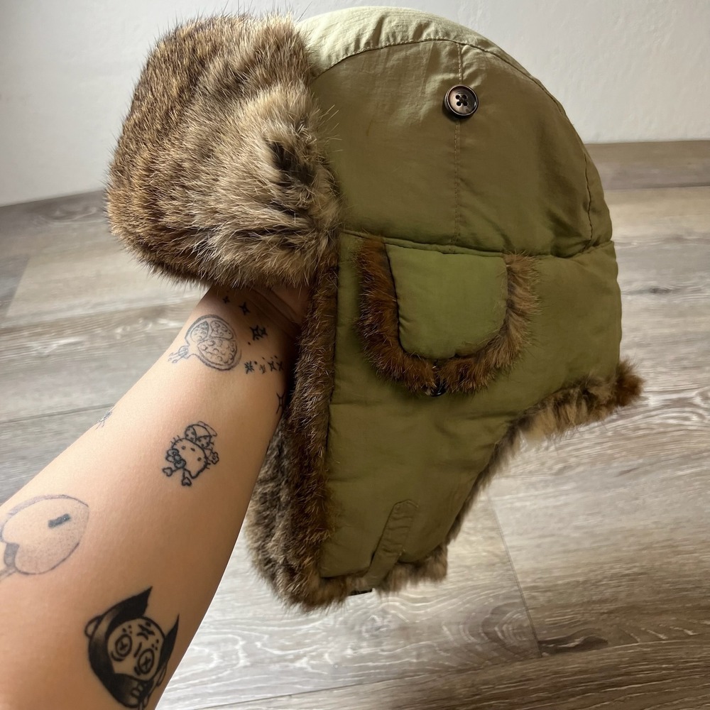 American Classics Trapper Hat Unisex L Green Rabbit Fur Trim Vintage 70s Bomber
